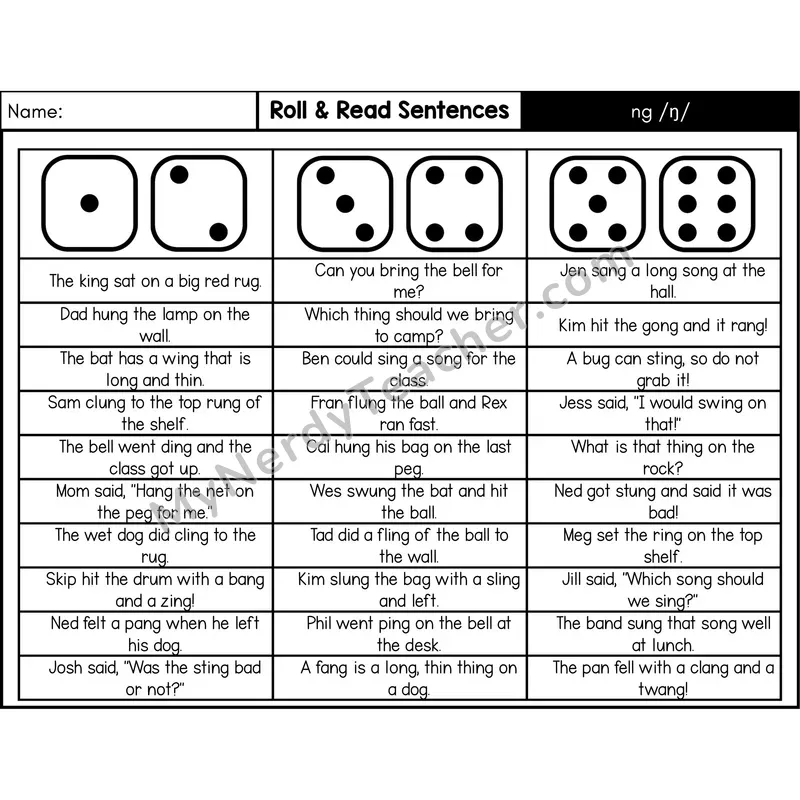 Glued Sound ng — Roll & Read Decodable Sentences (Black & White)