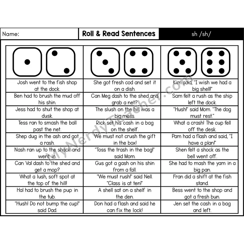 Digraph sh — Roll & Read Decodable Sentences (Black & White)
