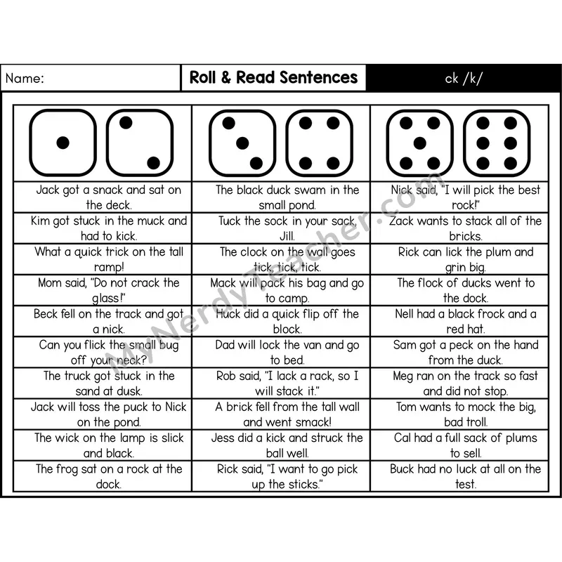 Digraph ck — Roll & Read Decodable Sentences (Black & White)
