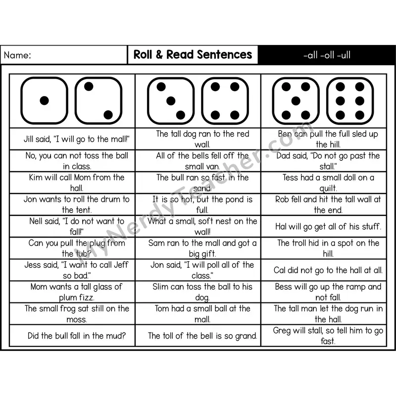 Glued Sounds -all, -oll, -ull — Roll & Read Decodable Sentences (Black & White)
