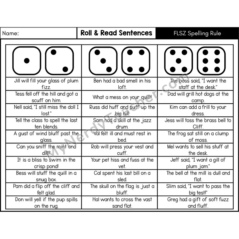 FLoSS Spelling Rule (ff, ll, ss, zz) — Roll & Read Decodable Sentences (Black & White)