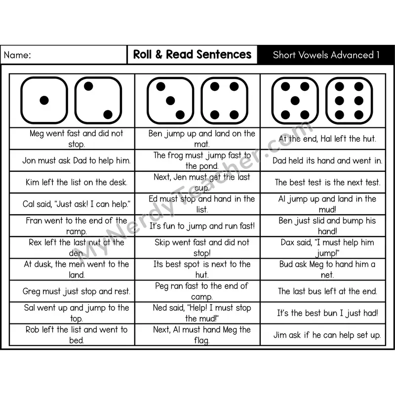 Short Vowels with Blends (Set 1) — Roll & Read Decodable Sentences (Black & White)