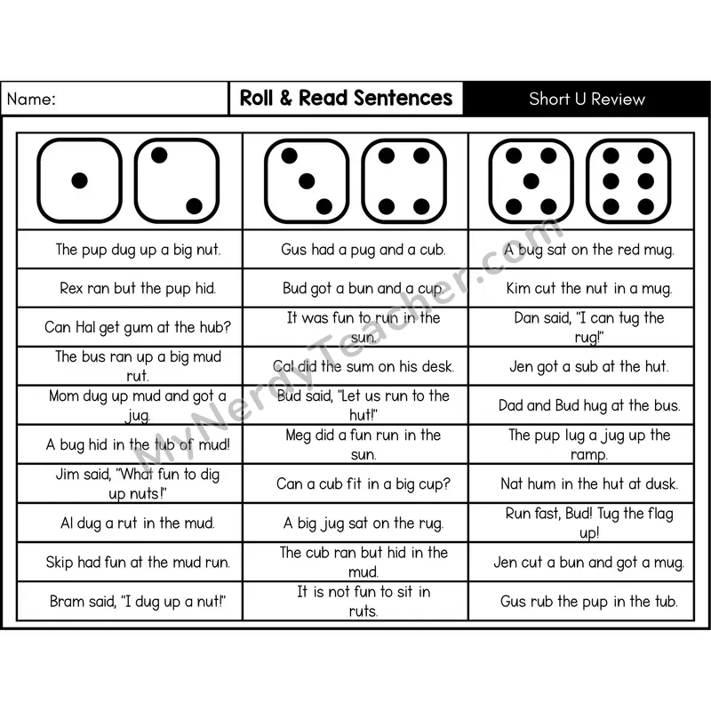 Short U — Roll & Read Decodable Sentences (Black & White)