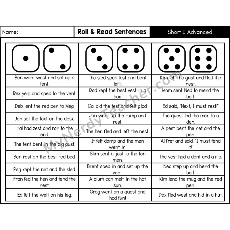 Short E with Blends — Roll & Read Decodable Sentences (Black & White)
