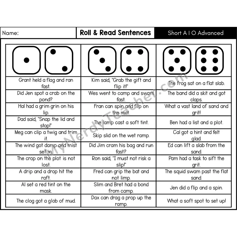 Short A, I, O with Blends — Roll & Read Decodable Sentences (Black & White)