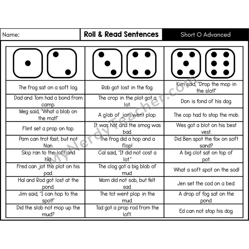 Short O with Blends — Roll & Read Decodable Sentences (Black & White)