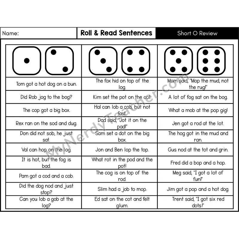 Short O — Roll & Read Decodable Sentences (Black & White)