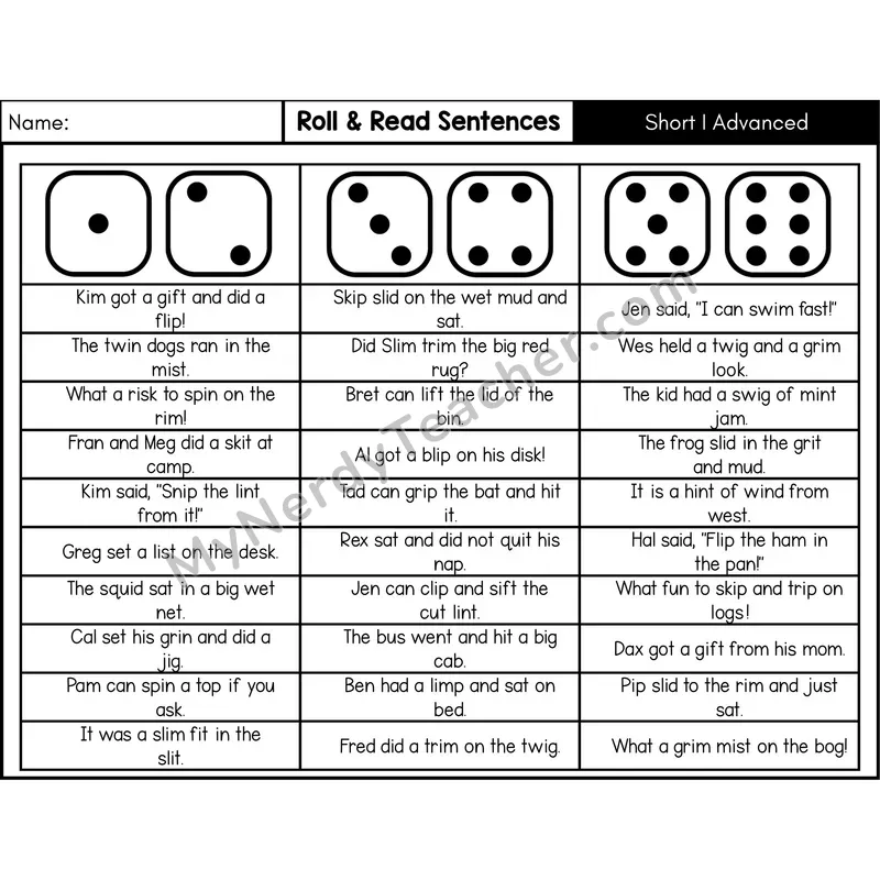 Short I with Blends — Roll & Read Decodable Sentences (Black & White)