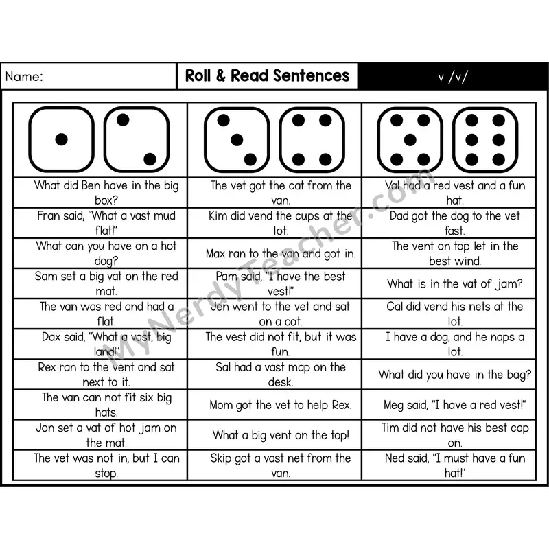 Consonant /v/ — Roll & Read Decodable Sentences (Black & White)