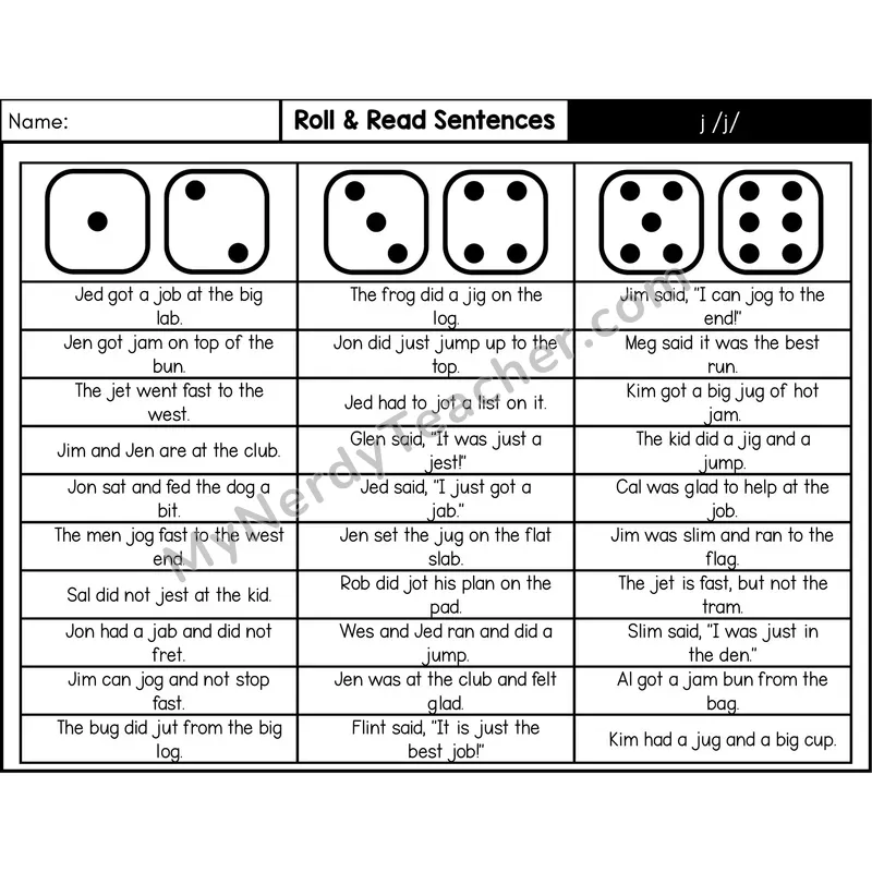 Consonant /j/ — Roll & Read Decodable Sentences (Black & White)