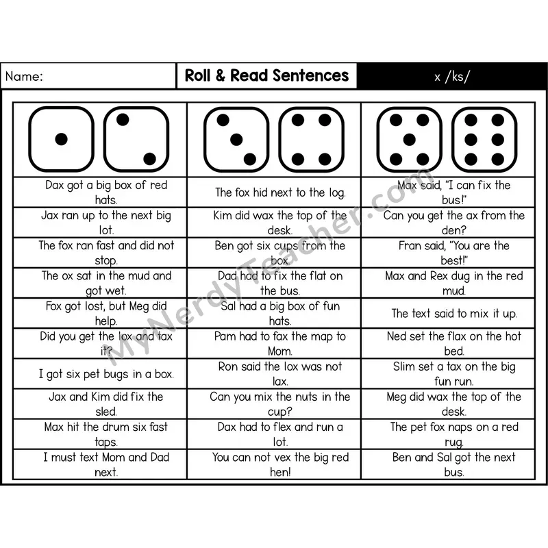 Consonant x /ks/ — Roll & Read Decodable Sentences (Black & White)