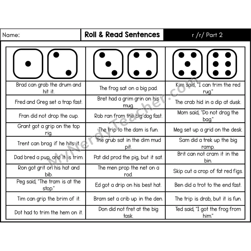 Consonant /r/ (Part 2) — Roll & Read Decodable Sentences (Black & White)