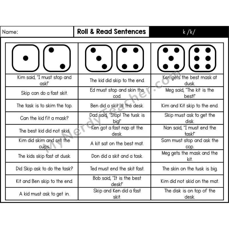 Consonant /k/ (k) — Roll & Read Decodable Sentences (Black & White)