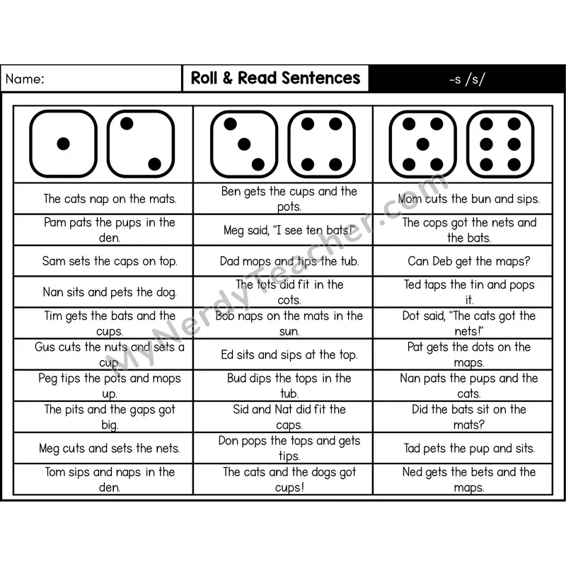 Ending -s /s/ — Roll & Read Decodable Sentences (Black & White)