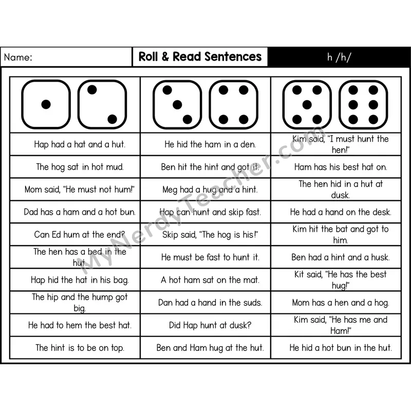 Consonant /h/ — Roll & Read Decodable Sentences (Black & White)