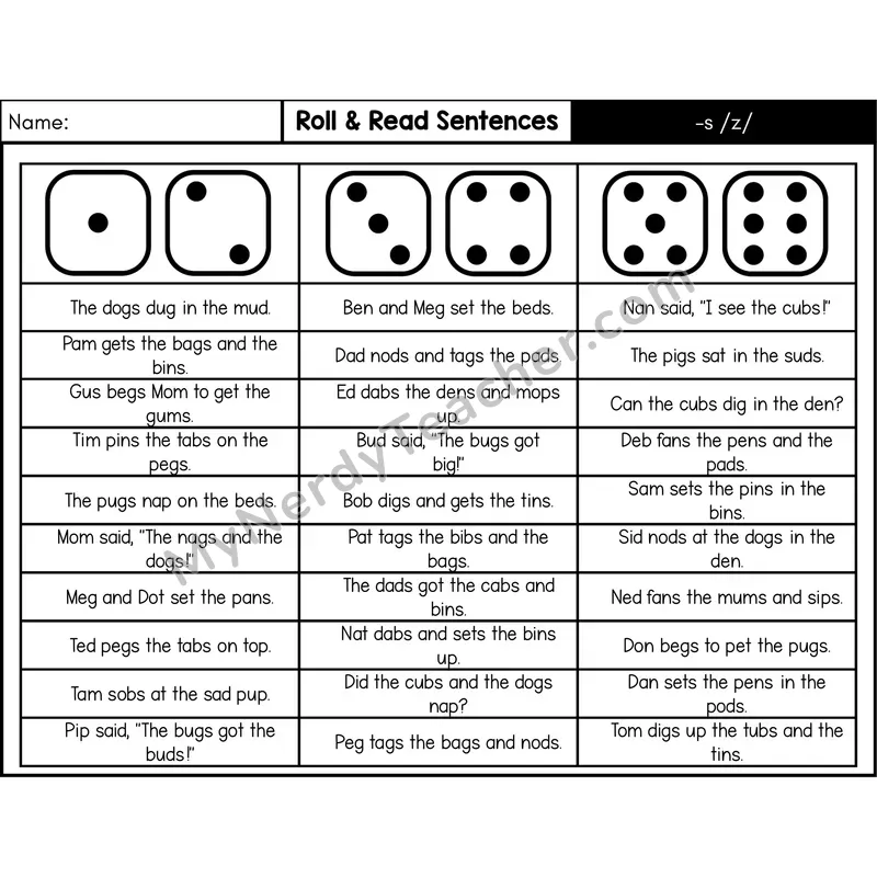 Ending -s /z/ — Roll & Read Decodable Sentences (Black & White)