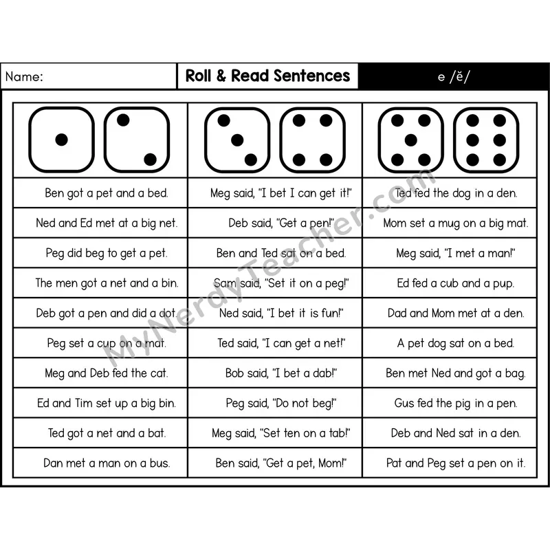 Short E — Roll & Read Decodable Sentences (Black & White)