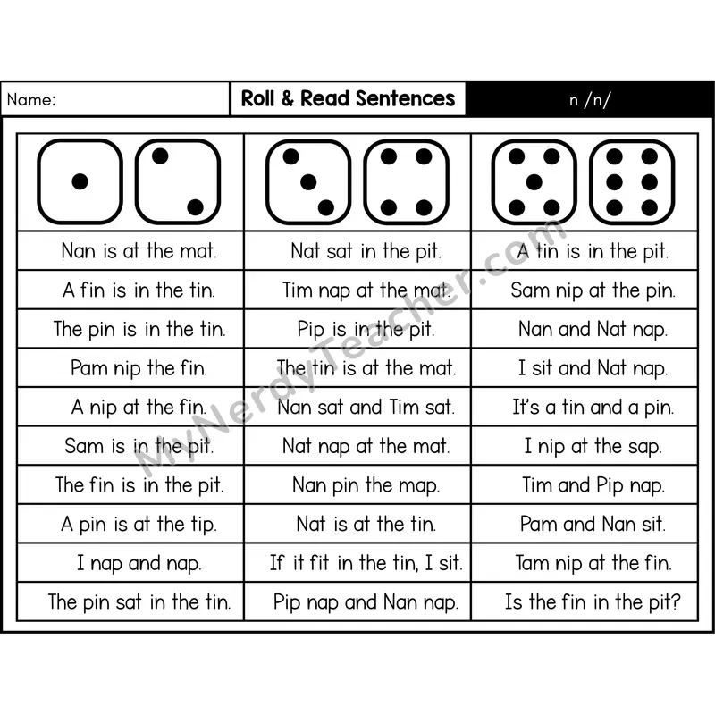 Consonant /n/ — Roll & Read Decodable Sentences (Black & White)