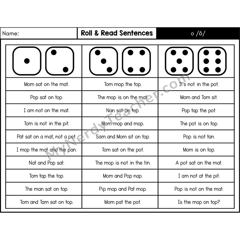 Short O — Roll & Read Decodable Sentences (Black & White)