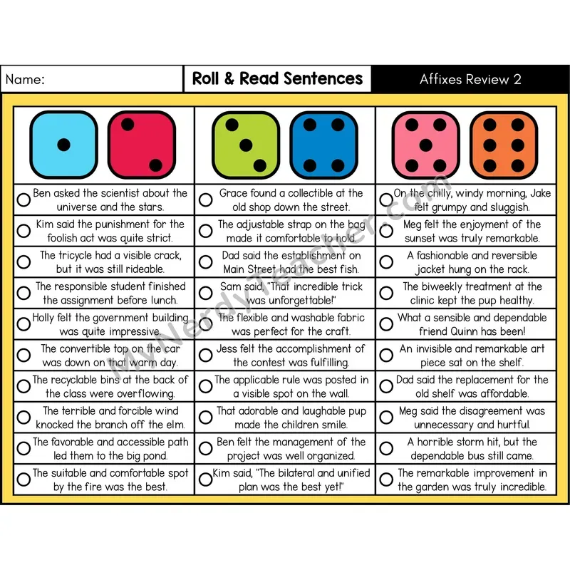 Affixes Review 2 — Roll & Read Decodable Sentences (Color)