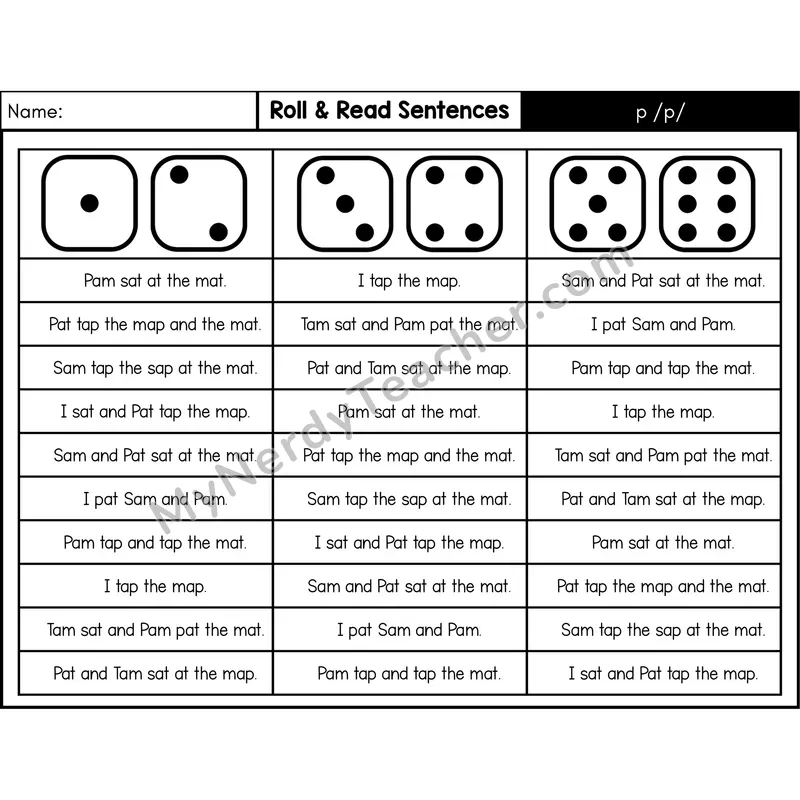 Consonant /p/ — Roll & Read Decodable Sentences (Black & White)