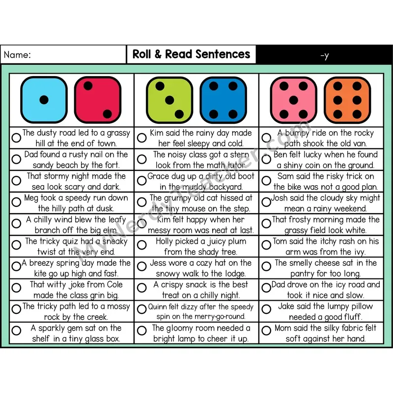 Suffix -y — Roll & Read Decodable Sentences (Color)