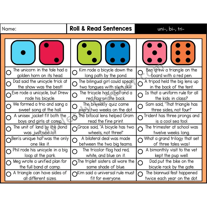 Number Prefixes uni-, bi-, tri- — Roll & Read Decodable Sentences (Color)