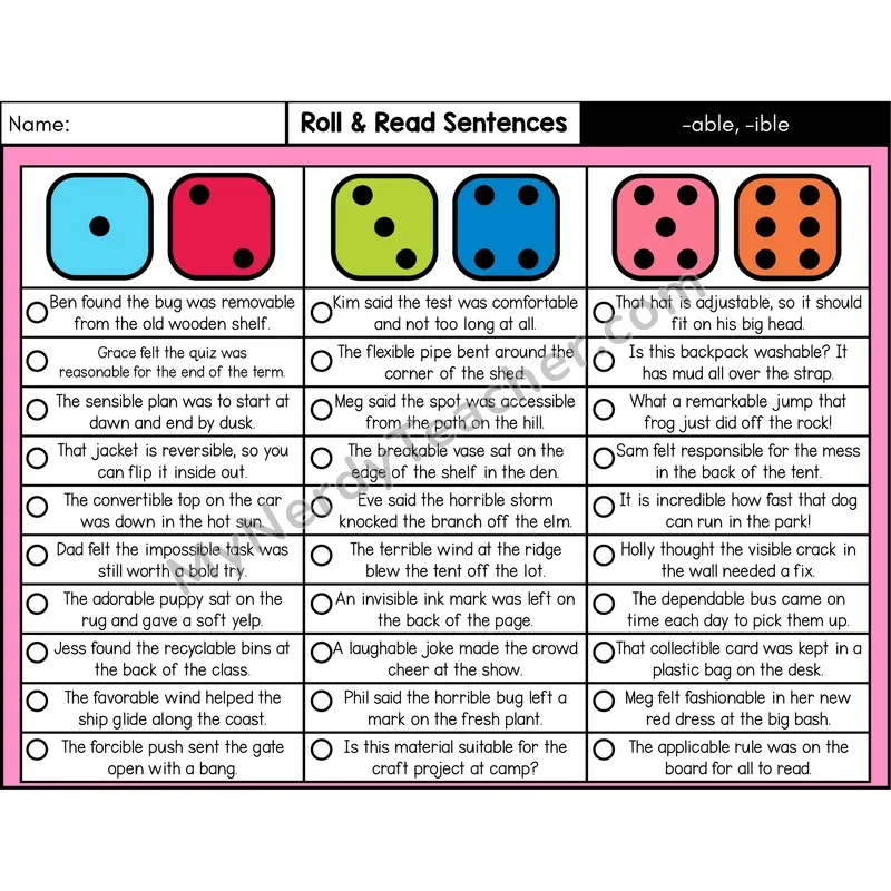 Suffixes -able, -ible — Roll & Read Decodable Sentences (Color)