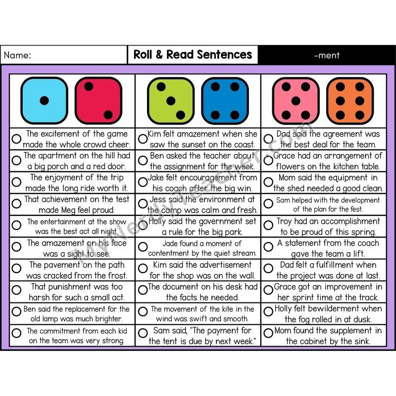 Suffix -ment — Roll & Read Decodable Sentences (Color)