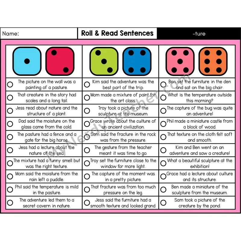 Suffix -ture — Roll & Read Decodable Sentences (Color)