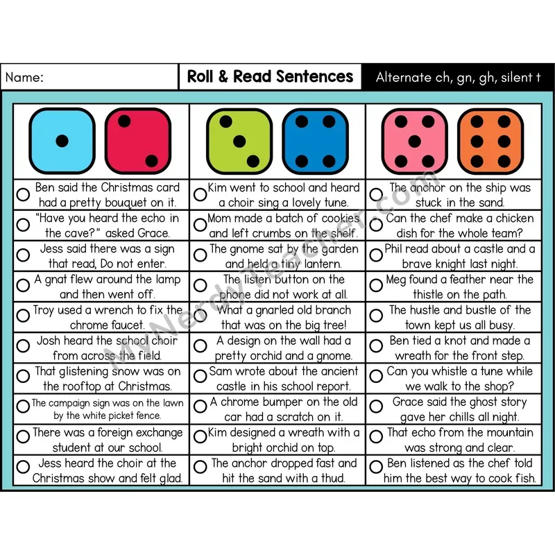 Alternate ch, gn, gh & Silent t — Roll & Read Decodable Sentences (Color)