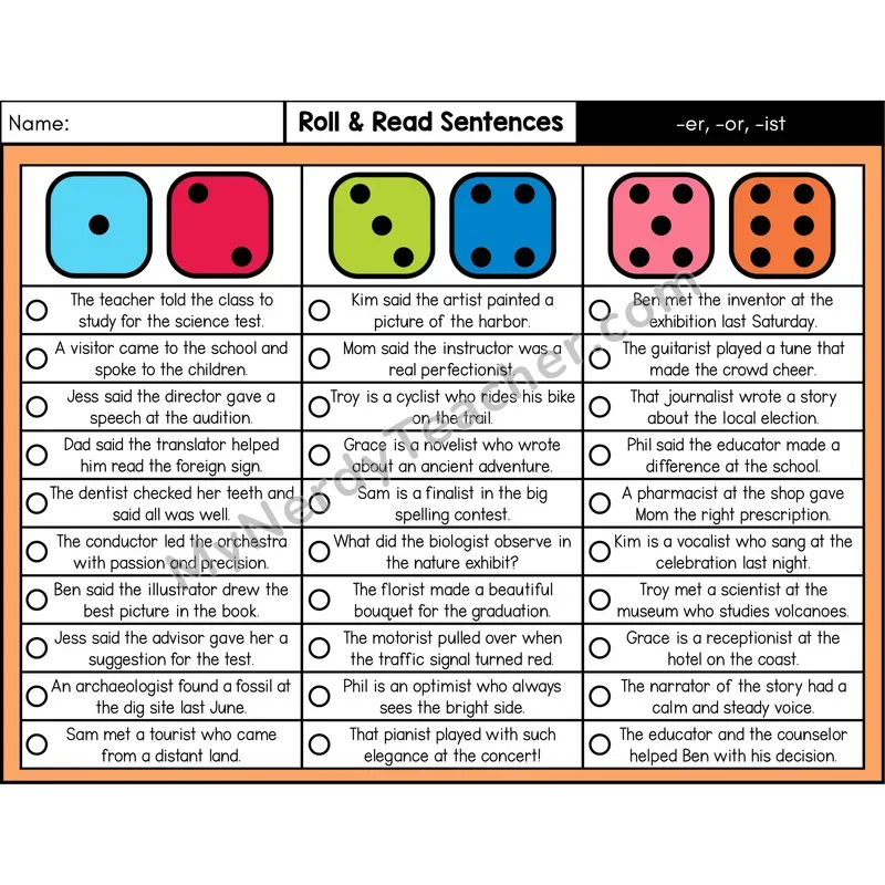 Suffixes -er, -or, -ist — Roll & Read Decodable Sentences (Color)