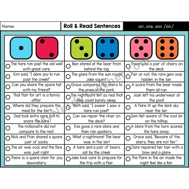 air, are, ear /air/ — Roll & Read Decodable Sentences (Color)