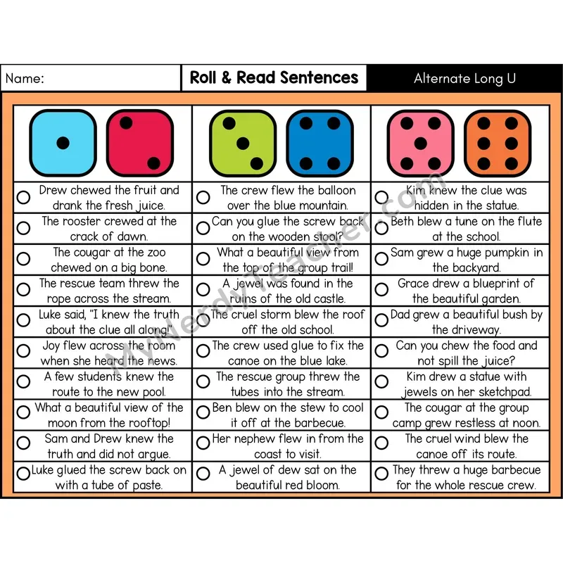 Alternate Long U Spellings — Roll & Read Decodable Sentences (Color)
