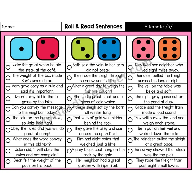 Alternate Long A Spellings — Roll & Read Decodable Sentences (Color)