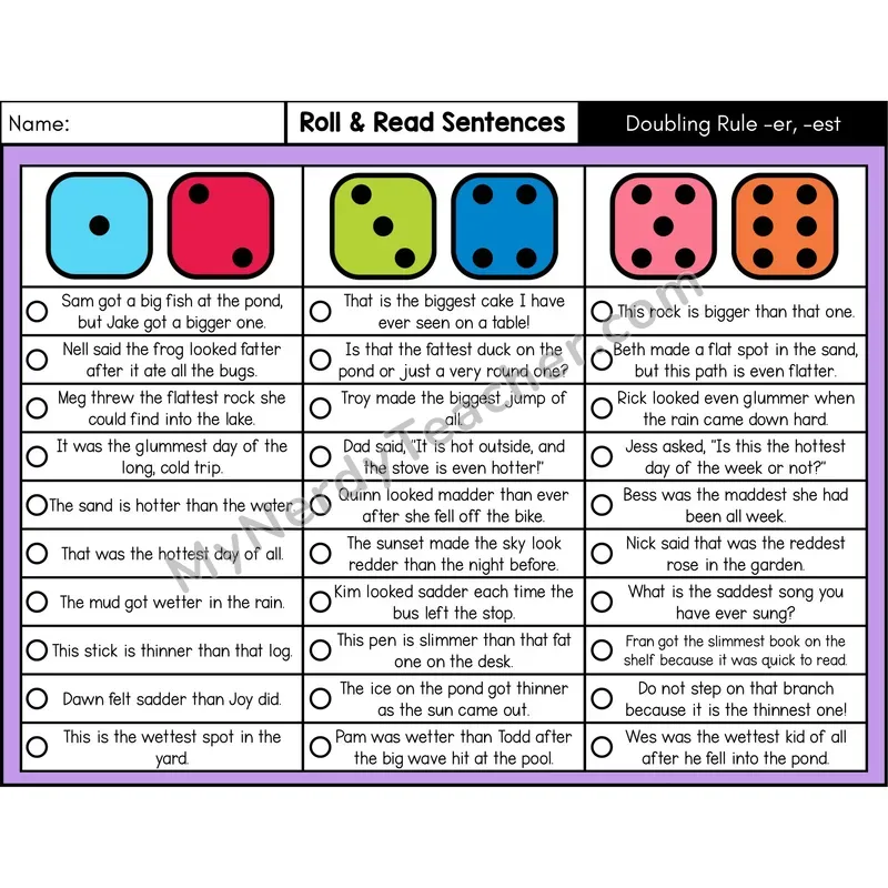 Doubling Rule (-er, -est) — Roll & Read Decodable Sentences (Color)