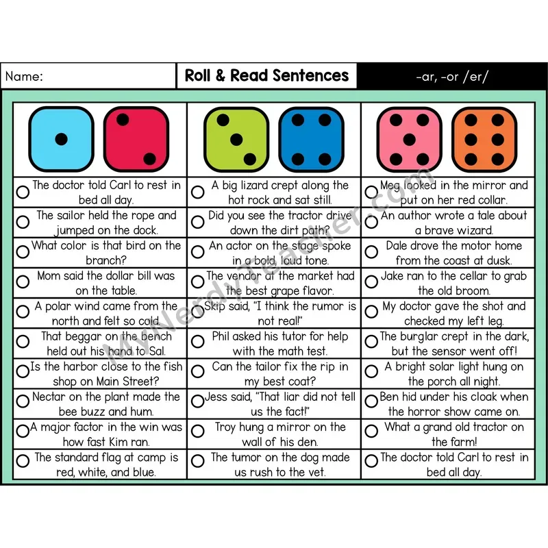 Ending -ar, -or /er/ — Roll & Read Decodable Sentences (Color)