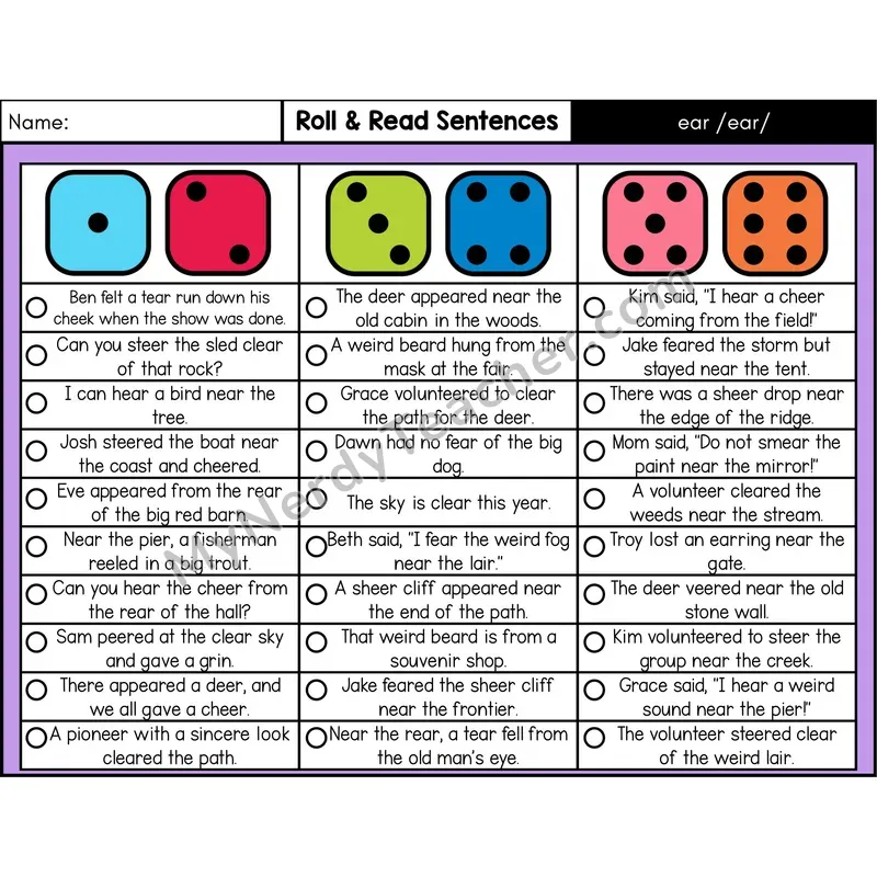 ear /ear/ — Roll & Read Decodable Sentences (Color)