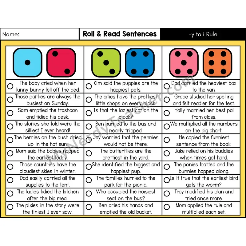 Change y to i Rule — Roll & Read Decodable Sentences (Color)