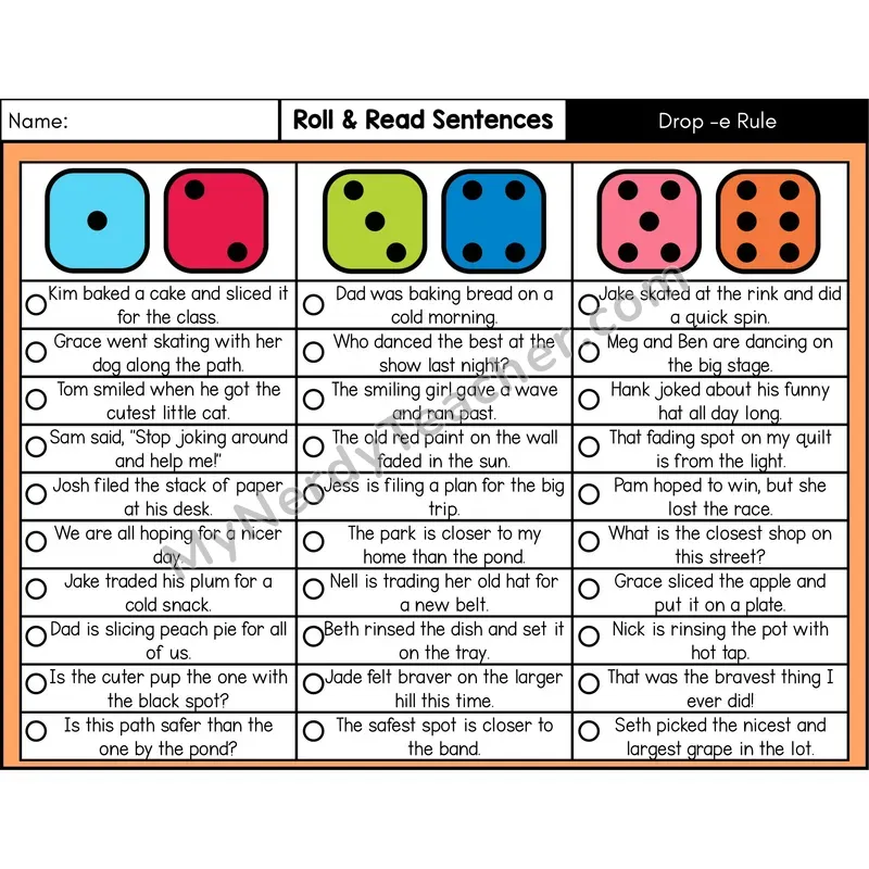 Drop -e Rule — Roll & Read Decodable Sentences (Color)