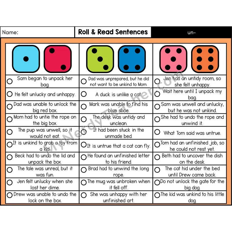 Prefix un- — Roll & Read Decodable Sentences (Color)