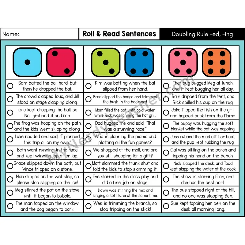 Doubling Rule (-ed, -ing) — Roll & Read Decodable Sentences (Color)