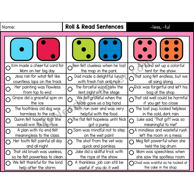 Suffixes -less, -ful — Roll & Read Decodable Sentences (Color)
