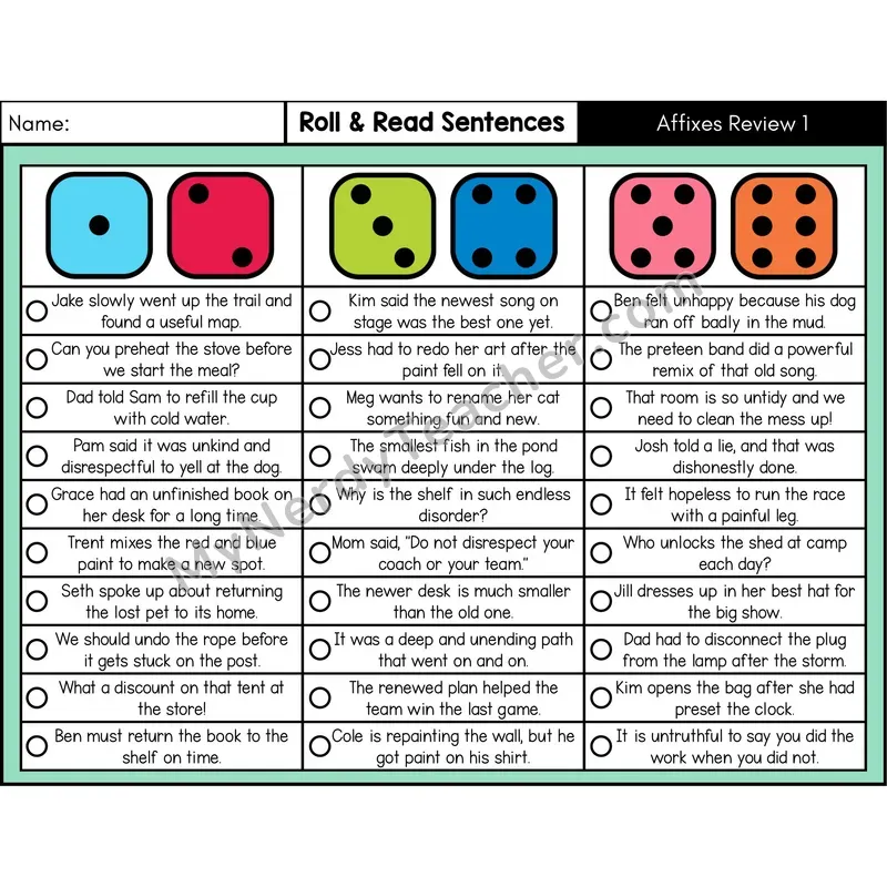 Affixes Review 1 — Roll & Read Decodable Sentences (Color)