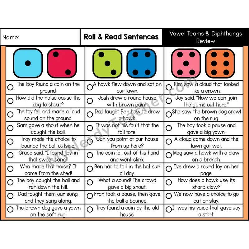Vowel Teams and Diphthongs Review — Roll & Read Decodable Sentences (Color)
