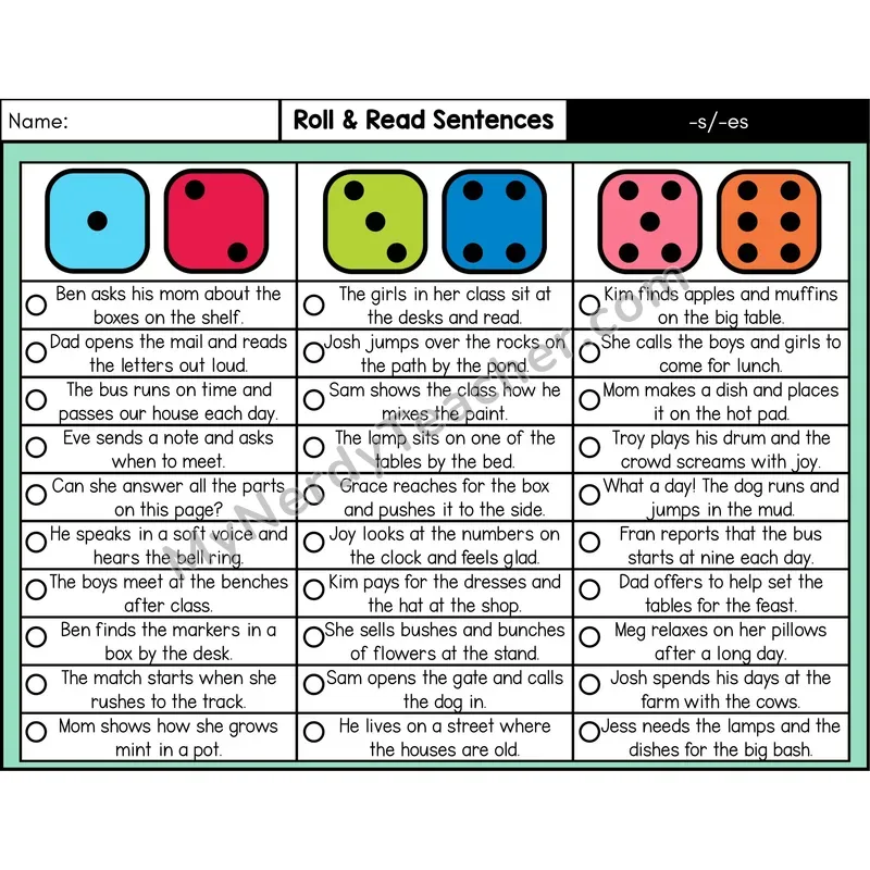 Suffix -s, -es — Roll & Read Decodable Sentences (Color)