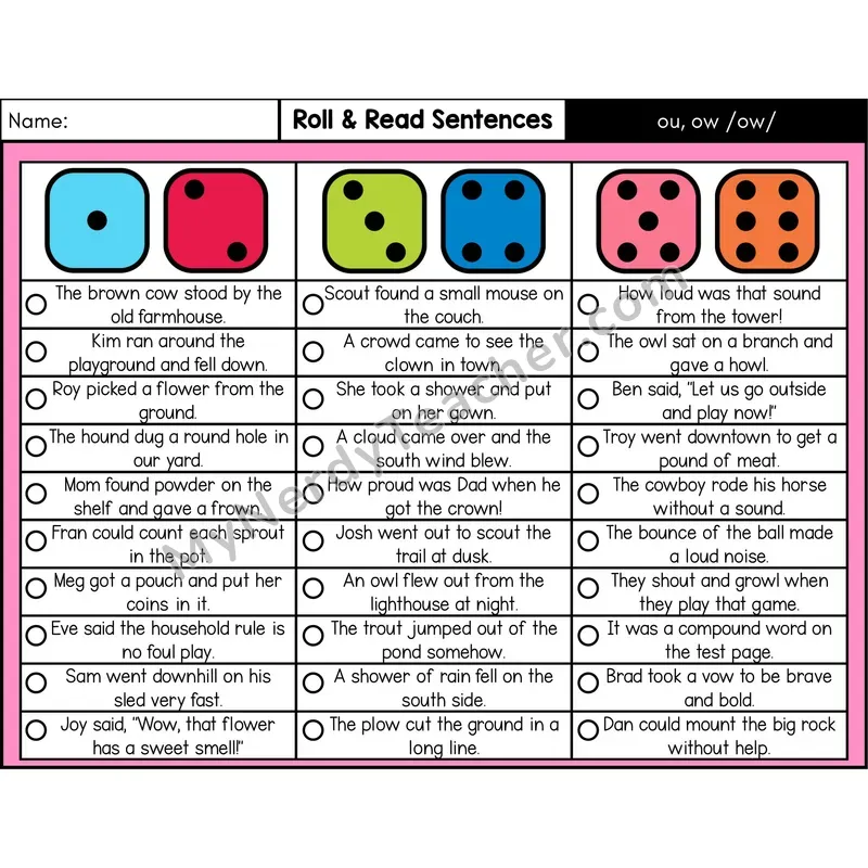 Diphthongs ou, ow — Roll & Read Decodable Sentences (Color)