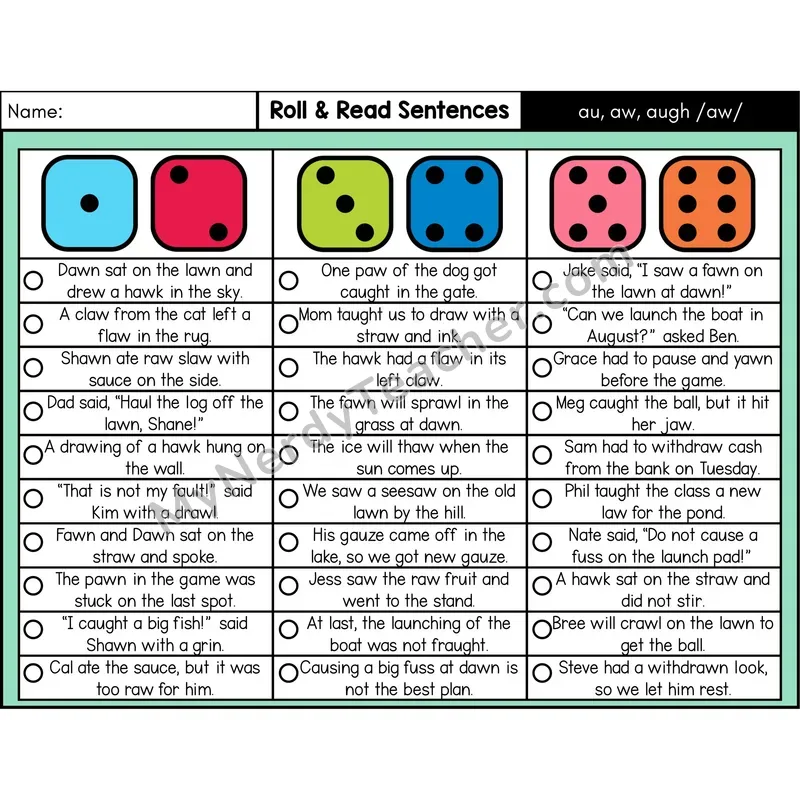 Vowel Teams au, aw, augh — Roll & Read Decodable Sentences (Color)