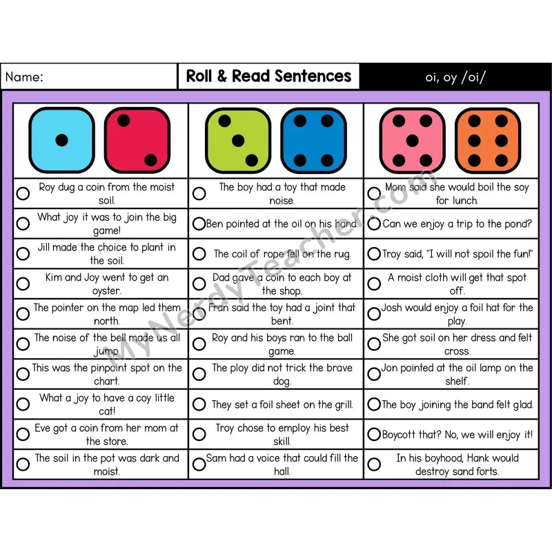 Diphthongs oi, oy — Roll & Read Decodable Sentences (Color)