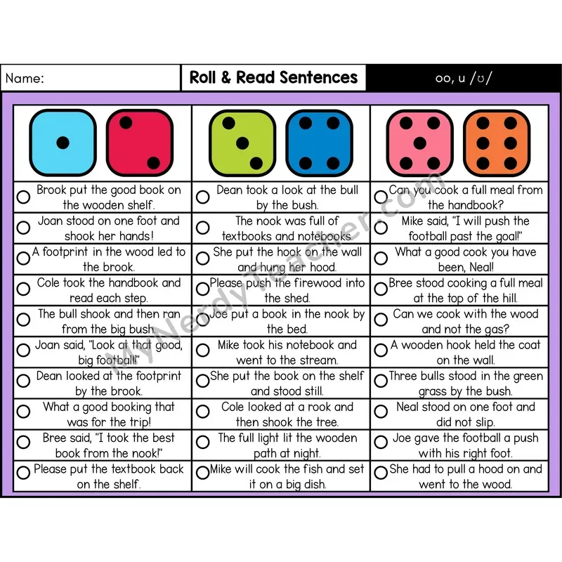 Vowel Team oo (Short /oo/) — Roll & Read Decodable Sentences (Color)